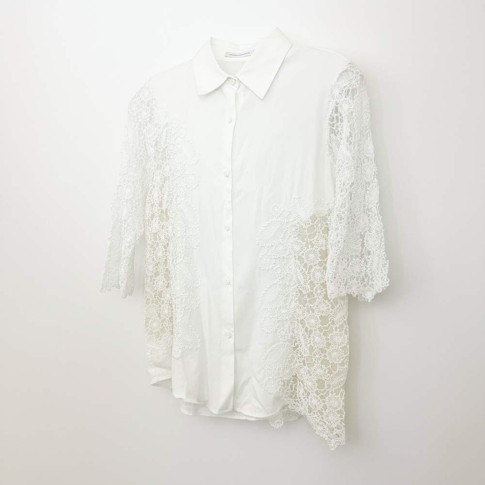 Ermanno Scervino white cotton/spandex floral lace button down blouse